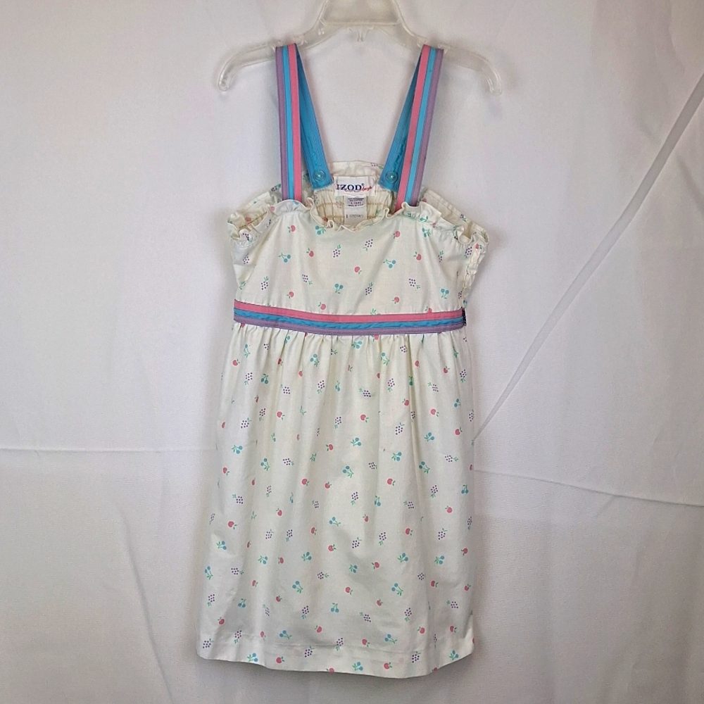vtg Izod Little Girls Dress L 6X  White with Pink Purple & Blue Smocked Sundress